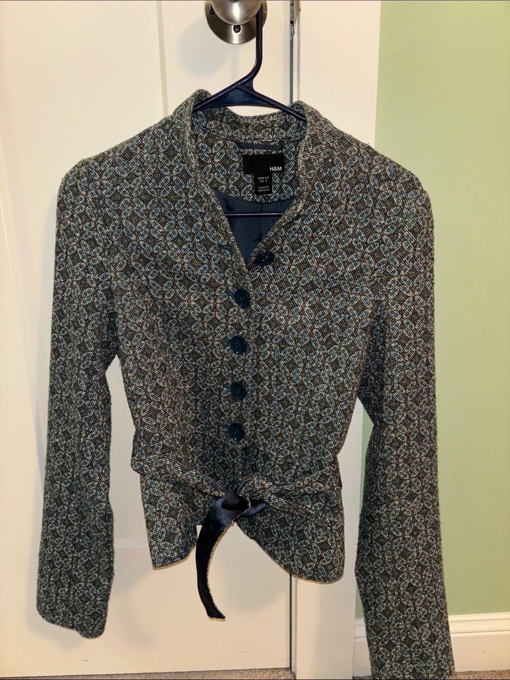 H&M Teal and Brown Patterned Tailored Jacket with Waist Tie